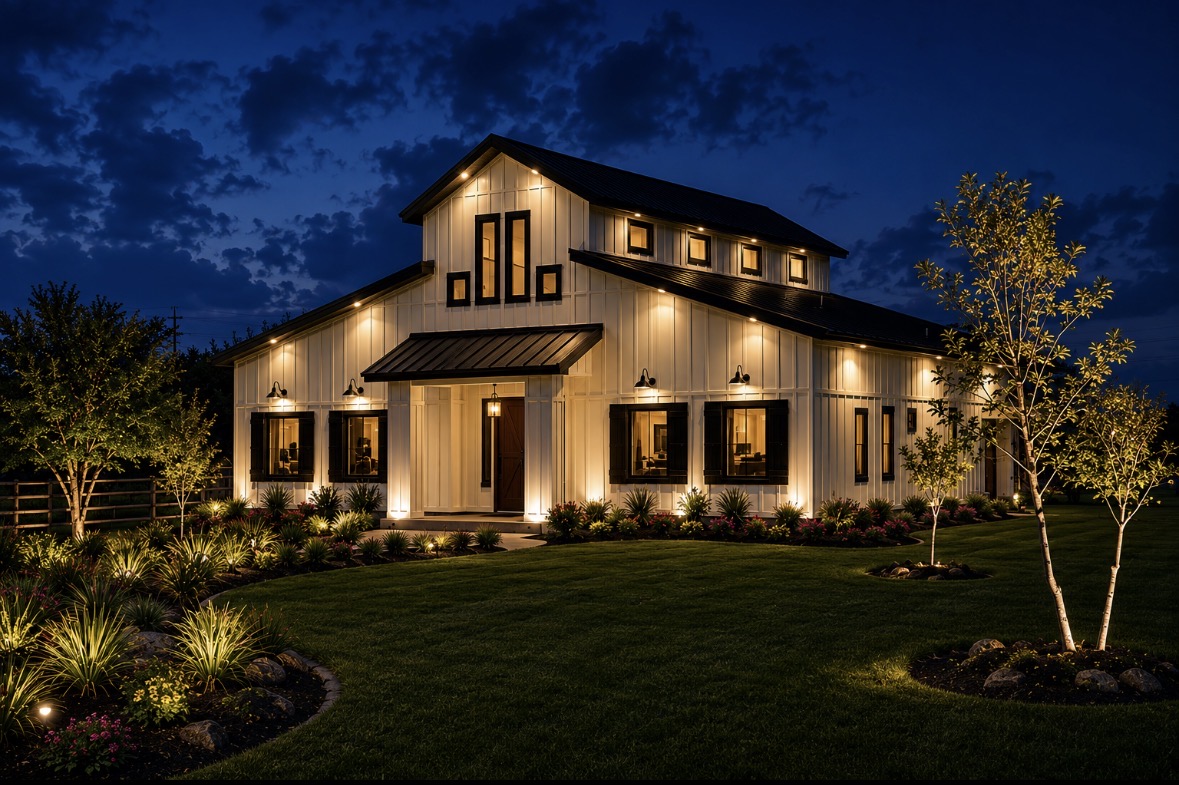 White modern farmhouse illuminated at night — Blue Rock & Co. custom build